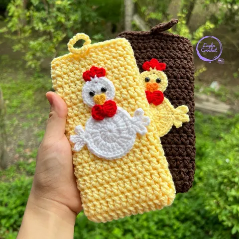 Túi đựng điện thoại hình chú gà nơ, túi chống sốc, đựng máy tính cầm tay, túi đeo chéo, túi len handmade