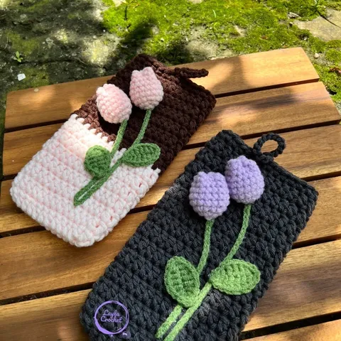 Túi đựng điện thoại hoa tulip, túi chống sốc điện thoại, đựng máy tính cầm tay, túi len handmade