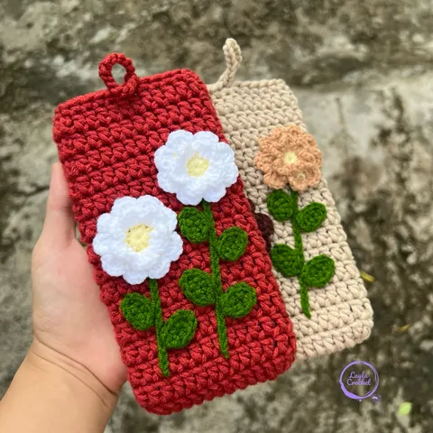 Túi đựng điện thoại hoạ tiết hoa, túi chống sốc điện thoại, túi len handmade thủ công, đựng máy tính cầm tay