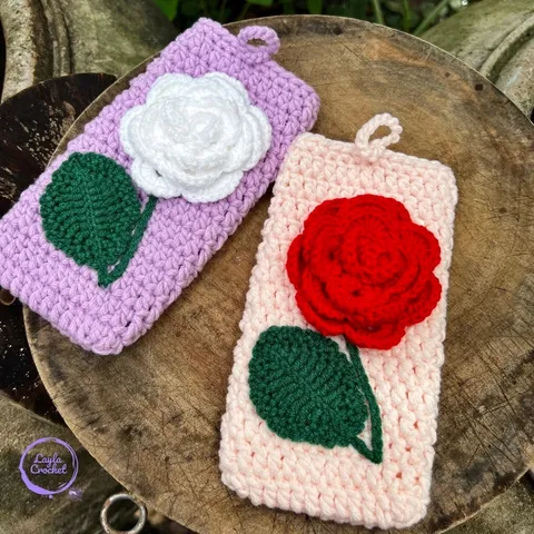 Túi đựng điện thoại hoạ tiết hoa hồng, chống sốc, đựng máy tính cầm tay, túi len handmade, thủ công