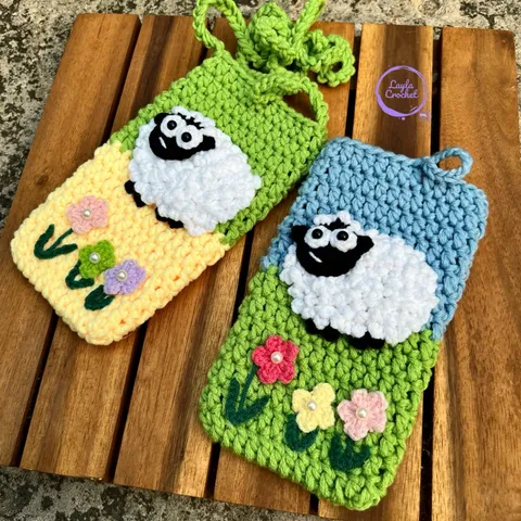 Túi len đựng điện thoại hoạ tiết chú cừu dễ thương, túi len handmade, đựng máy tính cầm tay, túi chống sốc